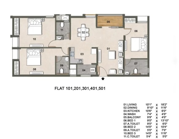 3 BHK floor plan
